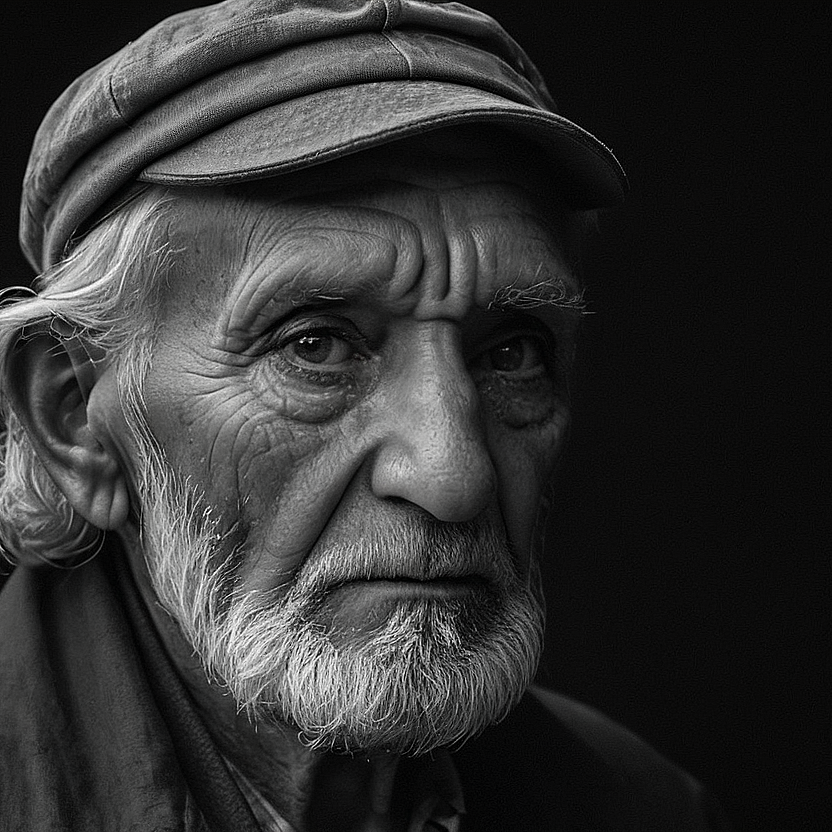 A black and white portrait of an old man with a hat - IA images gallery